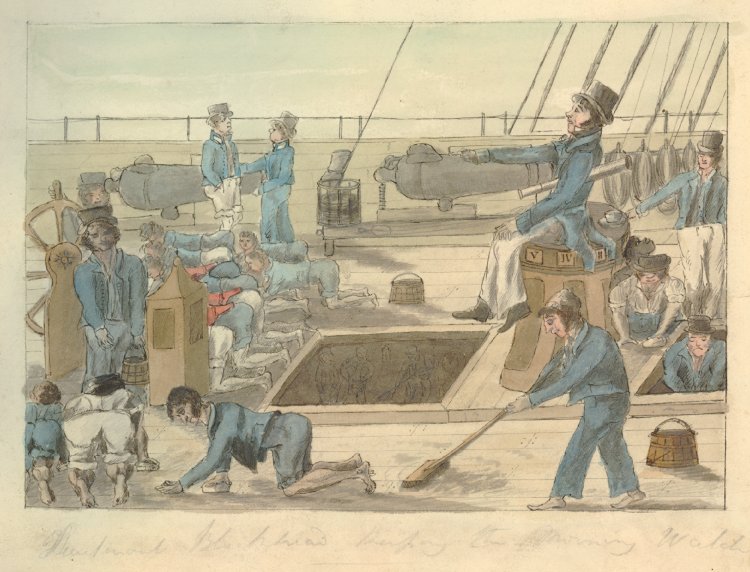 'Lieutenant Blockhead keeping the Morning Watch', sailors scrubbing down the decks; study for an illustration to 'The Life of a Midshipman' from an album of twelve drawings on eleven sheets by Marryat, an amateur, for a series of satirical prints by George Cruikshank for one of which there is also a sketch by Cruikshank himself. 1820. Graphite and watercolor. [© The Trustees of the British Museum]