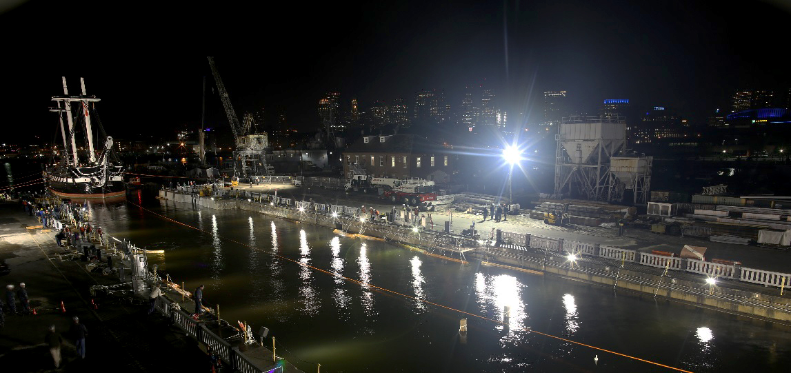 Footage from CONSTITUTION Cam as USS Constitution is lined up at the front of the dry dock, May 18, 2015. [Courtesy USS Constitution Museum. Photo by Greg M. Cooper]