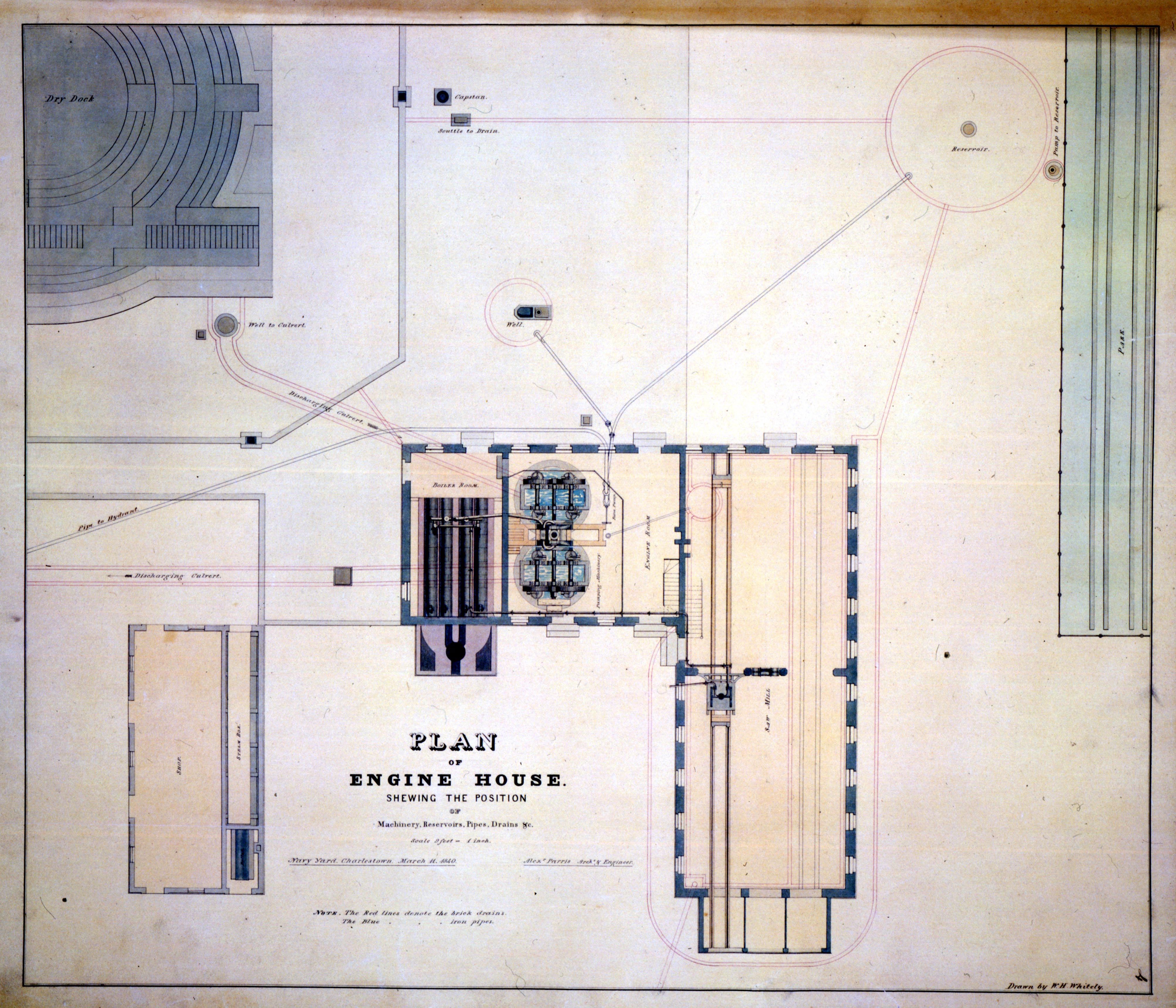 “Plan of Engine House Shewing (sic) the Position of Machinery, Reservoirs, Pipes, Drains & c.,” March 11, 1840. The channel connecting this building with the dry dock was sealed in 1976 – the same year the USS Constitution Museum opened to the public. [Courtesy National Park Service]