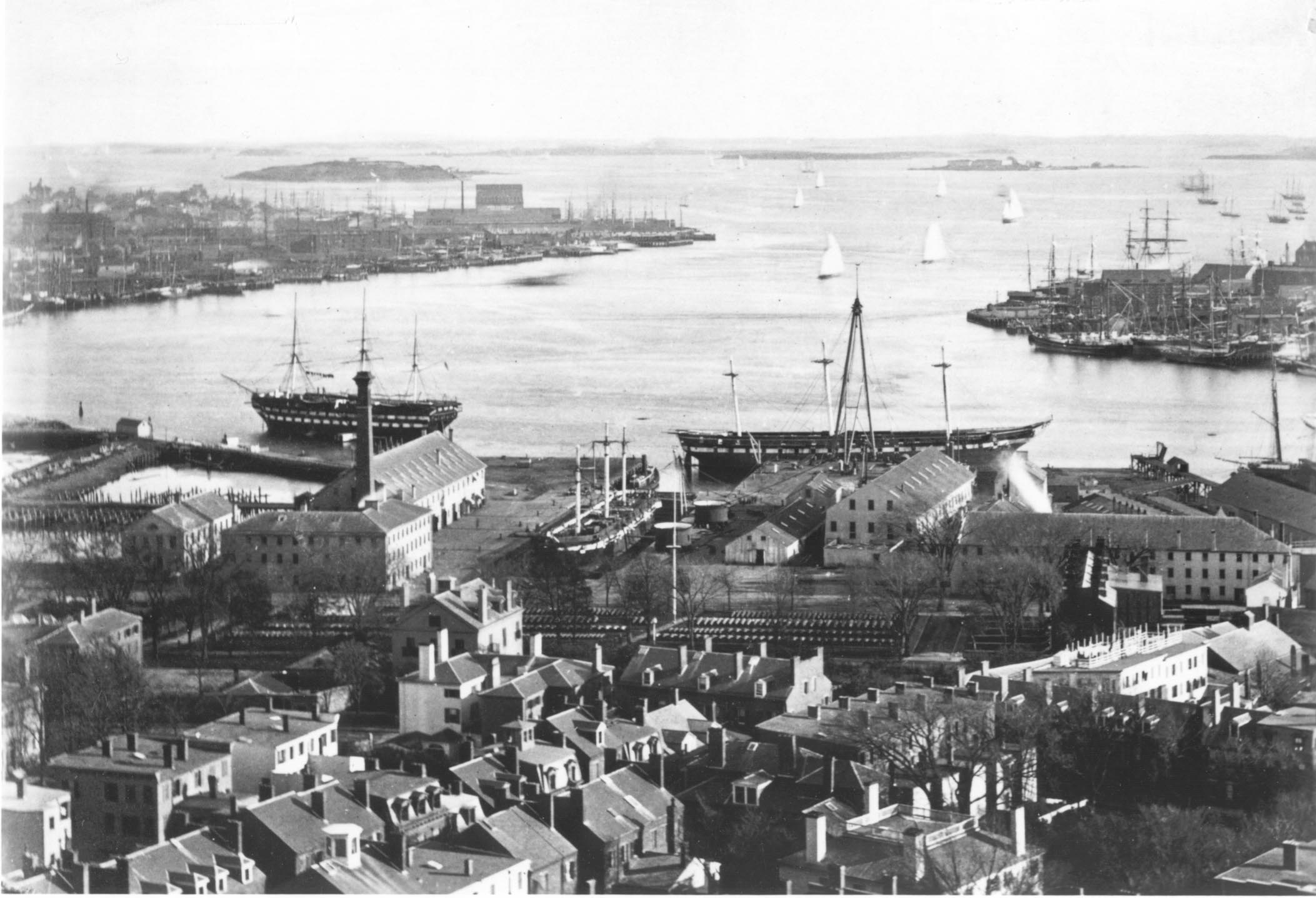 Boston Harbor and Charlestown Navy Yard with Dry Dock 1, ca. 1870. [Courtesy Boston Athenaeum]