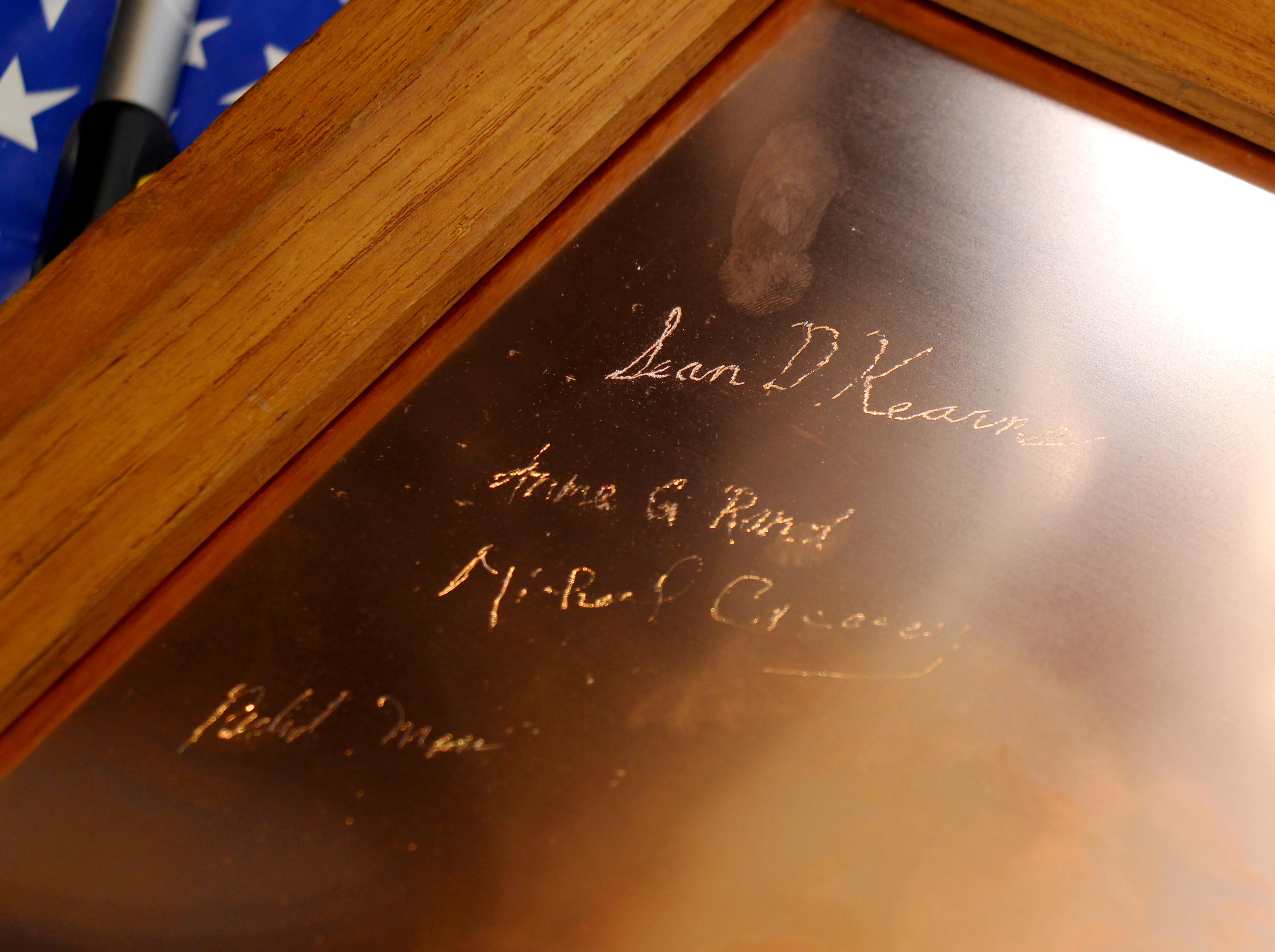 A signed copper sheet that will be placed on USS Constitution's hull during the restoration. [Courtesy USS Constitution Museum]