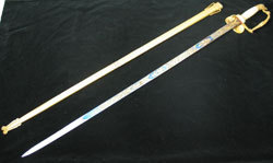 Lt. Hoffman's sword and scabbard; hilt detail; inscription detail. USS Constitution Museum Collection.