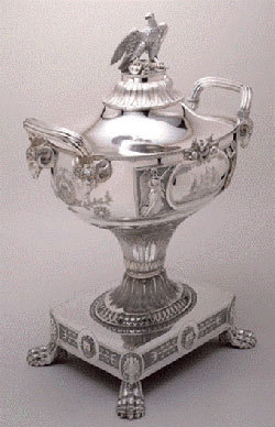 Silver urn presented to Isaac Hull by the citizens of Philadelphia. On loan to USS Constitution Museum Collection.