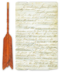 Carved quill made out of USS Constitution oak and accompanying letter (1862). USS Constitution Museum Collection.