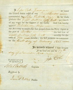 Pay allotment for Jesse Cole. USS Constitution Museum Collection.