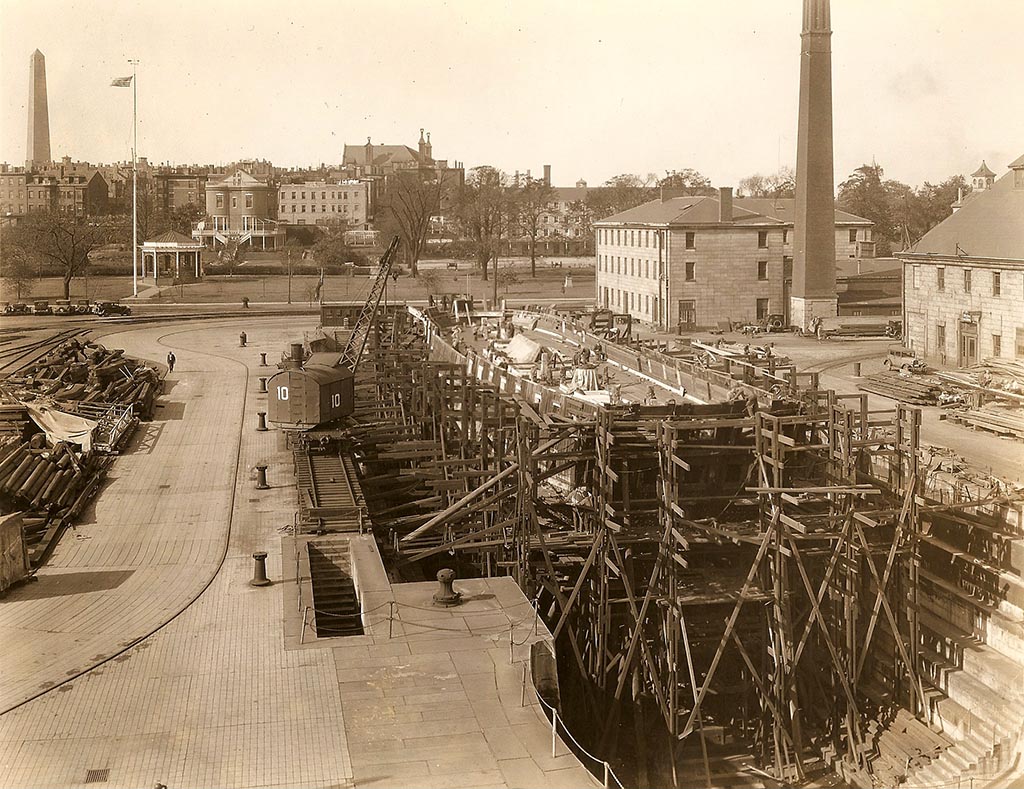 Wooden scaffolding surrounds USS Constitution during the 1927-1931 restoration. [Courtesy Naval History & Heritage Command Detachment Boston]