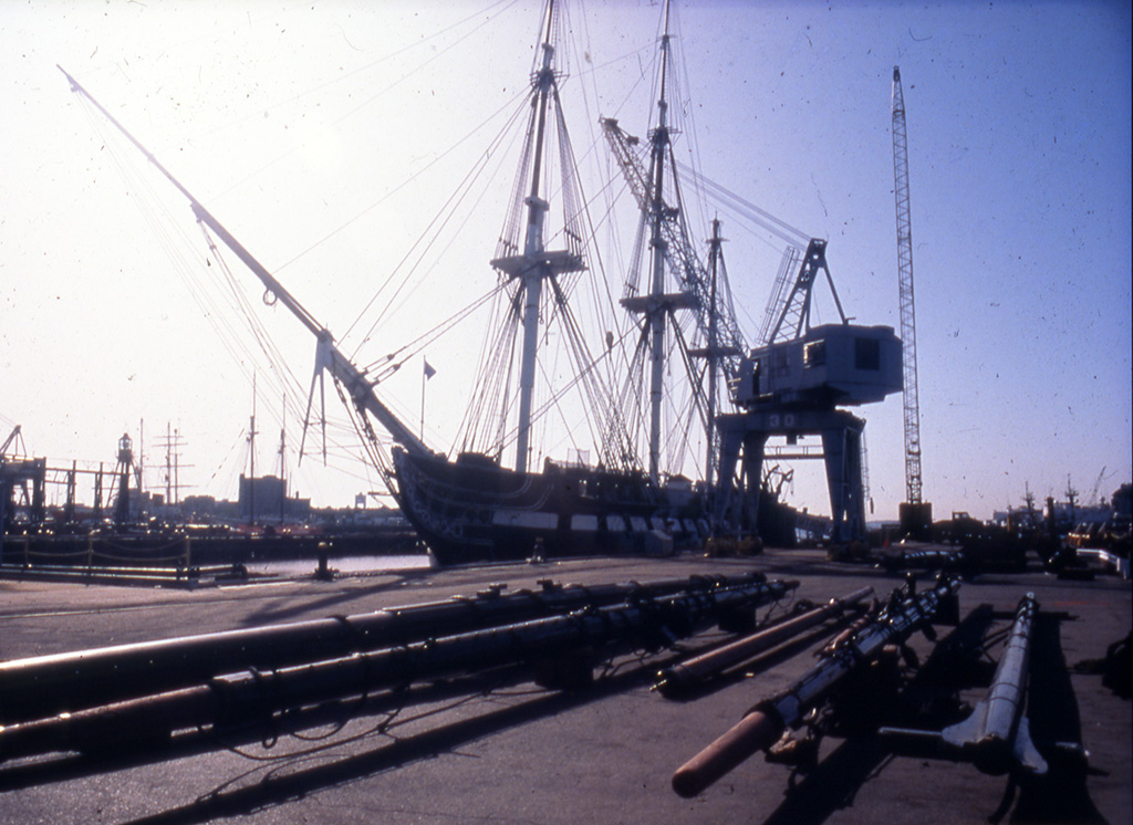 A crane is used during the 1992-1996 restoration. [Courtesy Naval History & Heritage Command Detachment Boston. Photo by Jack Pare.]