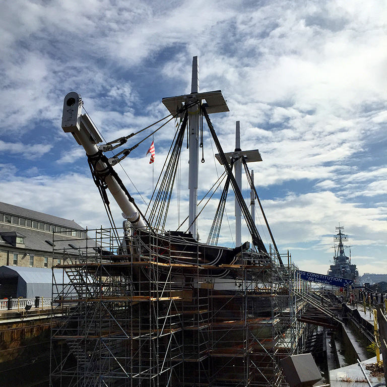 Metal scaffolding surrounds USS Constitution during the 2015-2017 restoration. [Courtesy USS Constitution Museum]