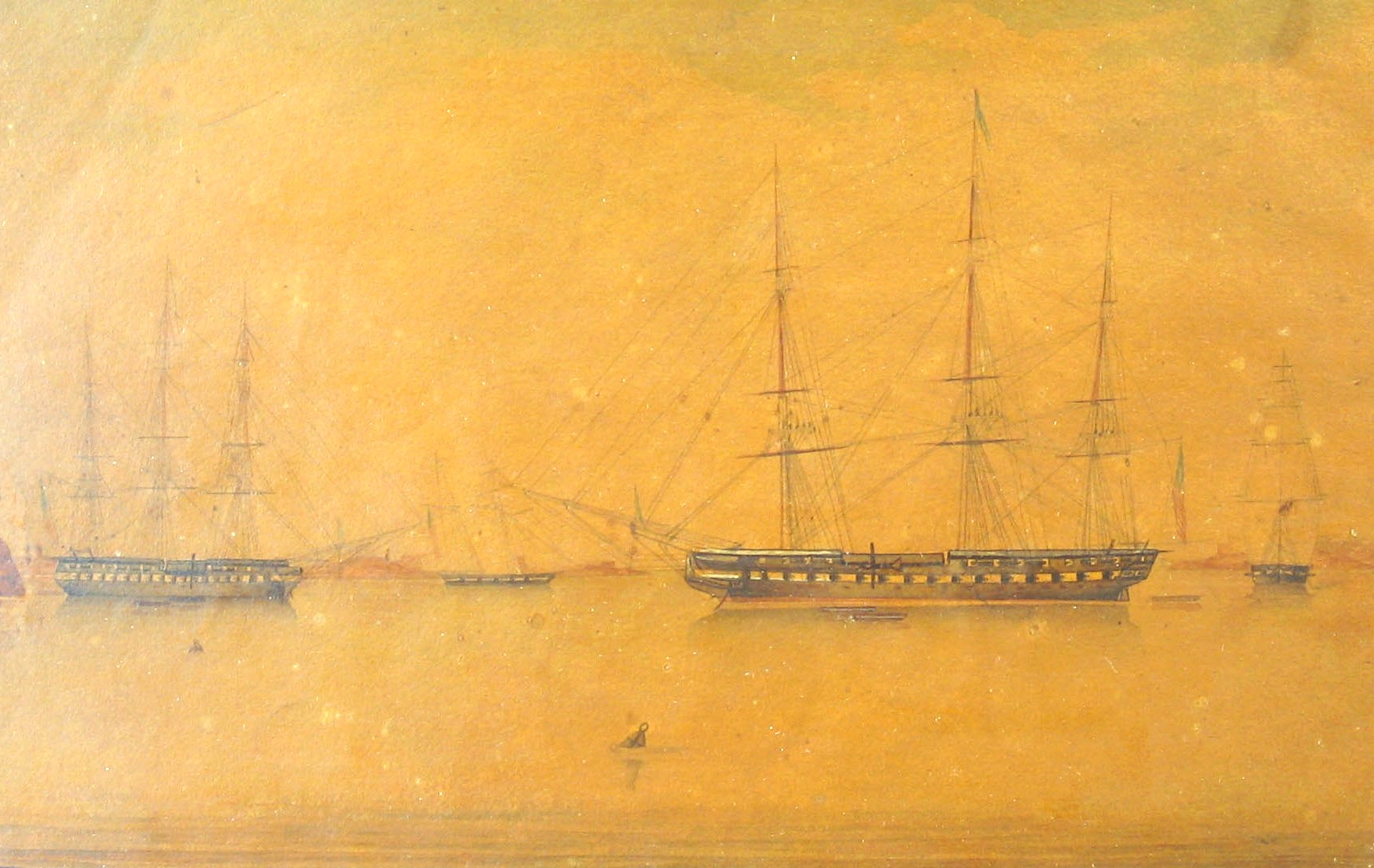Mid. Woolsey's painting of the American squadron at anchor of Alexandria, Egypt, 1836. USS Constitution Museum collection.
