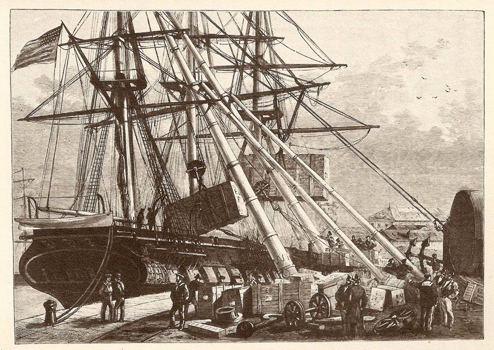 "The Harpies of the Shore." "Old Ironsides" turned into a freighter. Unloading at Havre the American exhibits for the Paris Exposition of 1878. From L'Illustration, 1878. [Courtesy Naval History & Heritage Command Detachment Boston]