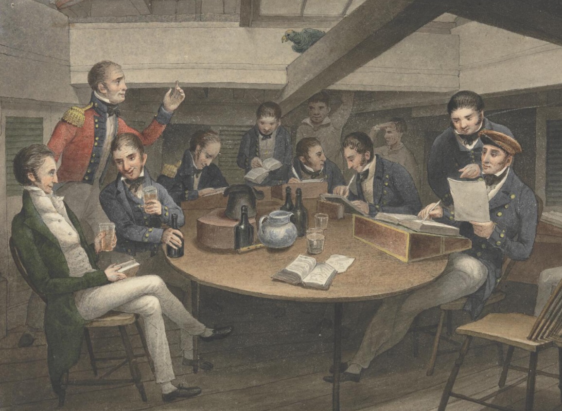 In this detail of HMS Hyperion's wardroom, drawn by Augustus Earle in 1820 or 1821, we see the ship's officers enjoying a cheering drink from clear glass tumblers. The color of the liquid in the glass, as well as the presence of bottles and a water pitcher suggests they are drinking grog. National Library of Australia, http://nla.gov.au/nla.obj-134514329
