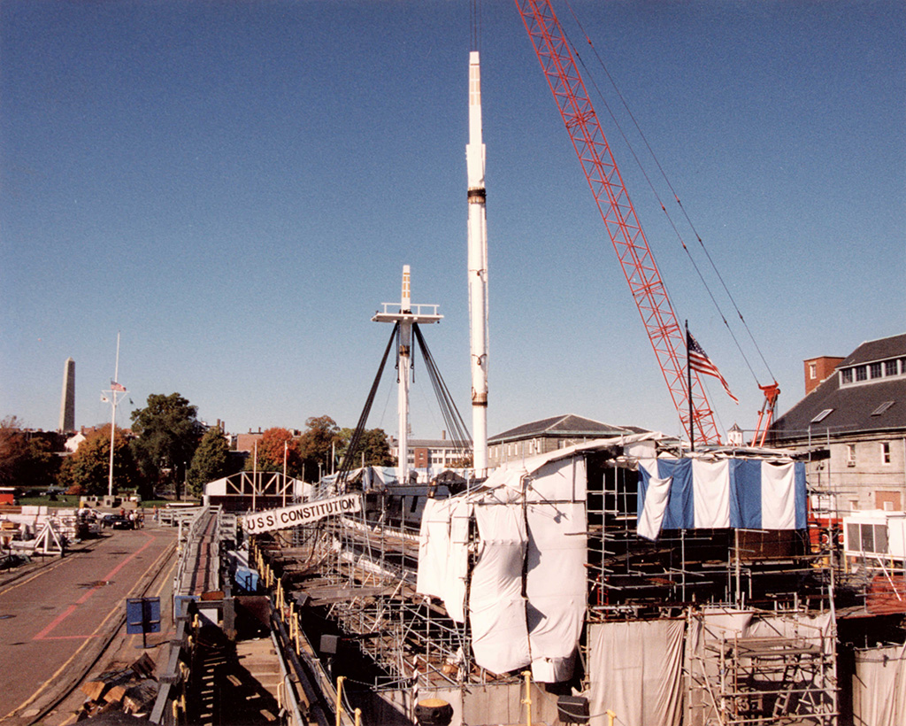 A Hallamore crane used used during USS Constitution's 1992-1996 restoration. [Courtesy Naval History & Heritage Command Detachment Boston]