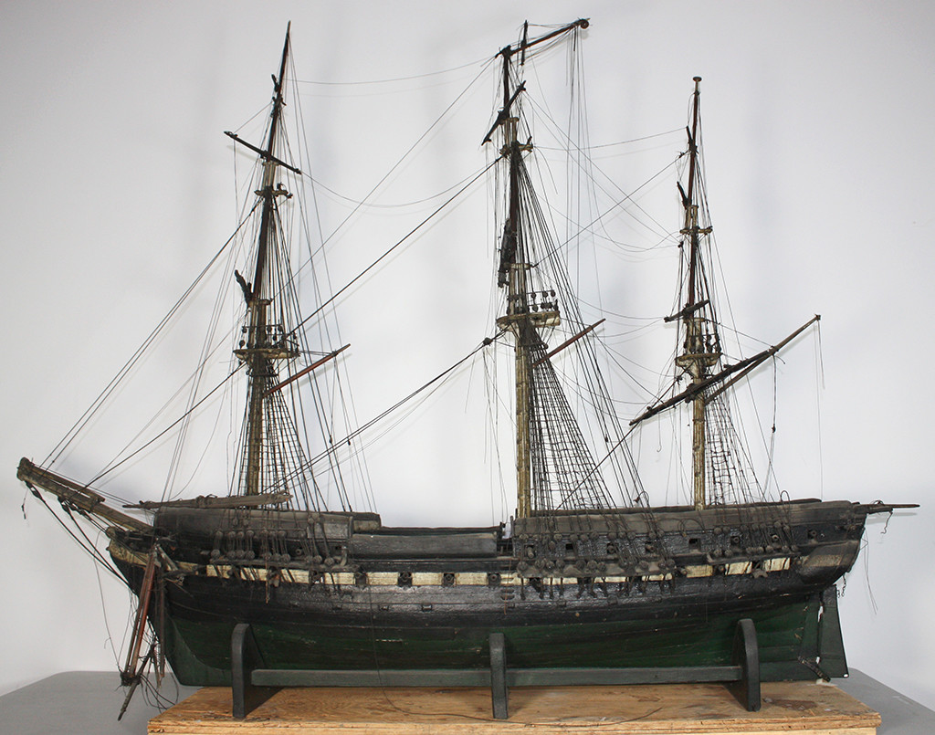 An early 2000s photograph of the Loring model in storage at the USS Constitution Museum. Because so many details on the model had either disintegrated due to inherent vice of the modeler’s materials or damage from decades of unprotected display at the Old South Meeting House, the curatorial staff of the USS Constitution Museum even questioned whether or not the model truly represented “Old Ironsides” in a realistic way. Careful examination in the late 1990s, revealed enough similarities between the model and photographs of Constitution in the 1870s and 1880s to allay any residual doubts and confirm, indeed, that the model did represent, fairly accurately, the ship in the twilight of her long U.S. Navy career. [Courtesy USS Constitution Museum]
