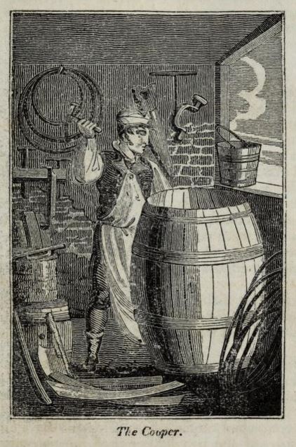 A cooper at work, driving hoops onto a hogshead. From The Book of English Trades, and Library of the Useful Arts, 1806.