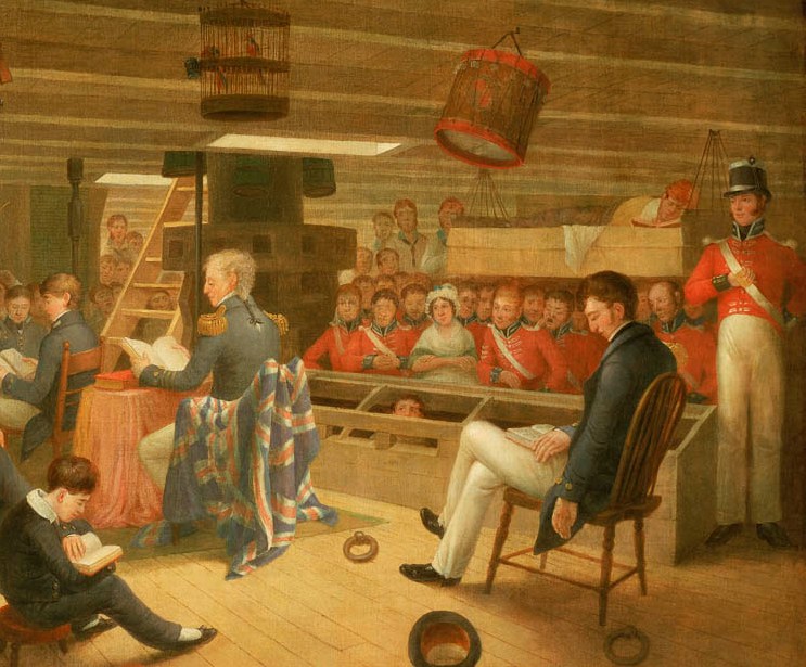In this detail of Augustus Earle's painting "Divine service at it is usually performed on board a British Frigate at Sea" (exhibited at the Royal Academy in 1837, but based on drawings by the artist done on board HMS Hyperion in 1820), a sick sailor reposes on a swinging cot set up in the midst of the frigate's gundeck.