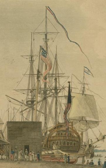 In this detail from William Birch's engraving titled "Arch Street Ferry, Philadelphia," a large ship lies beside a wharf, her yards cockbilled so they don't interfere with the buildings on shore or the shipping in the river.