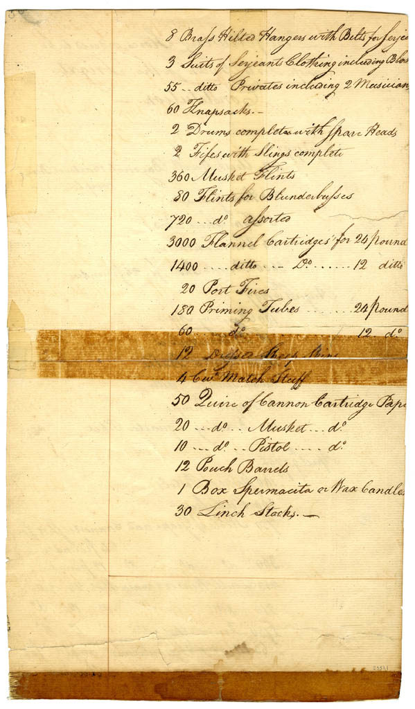 List of military stores ordered to be transported to Boston for the Frigate Constitution, 1797-1798, back. [USS Constitution Museum Collection.]