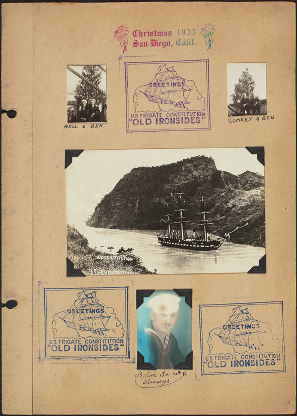 A page from the scrapbook of crewmember Franciezek "Frank" Prusz, who was aboard USS Constitution for the National Cruise, 1931-1934. This page features photographs and stamps from a winter visit to Panama and San Diego. [USS Constitution Museum Collection]