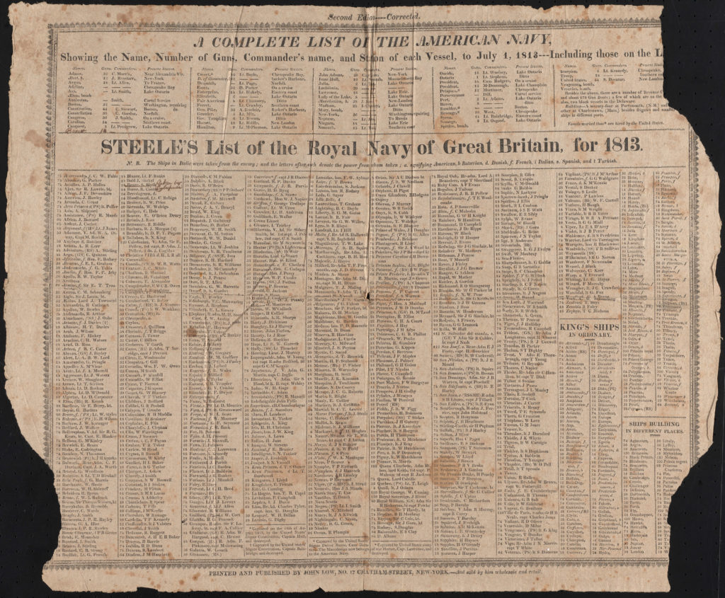 A Complete List of the American Navy. Showing the Name, Number of Guns, Commander's Name, and Station of each Vessel, To July 1, 1813---Including those on the Lakes... / Steele's List of the Royal Navy of Great Britain, for 1813.