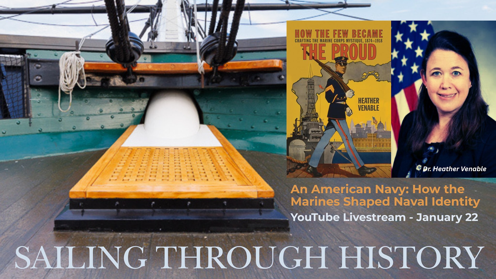 View from onboard ship facing bow with images of a book cover and headshot of woman in suit with backdrop of American flag. 
