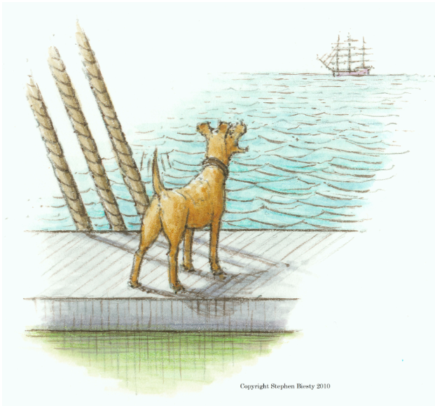 Guerriere barking at a ship in the distance.