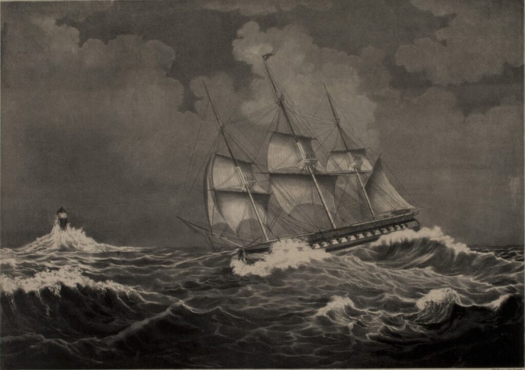 Depiction of "Old Ironsides on a Lee Shore," engraved by A. Hoffy after a painting by J. Evans. Published by Duval & Dow in Philadelphia, Pennsylvania, 1839. [Courtesy of the Navy Art Collection.]