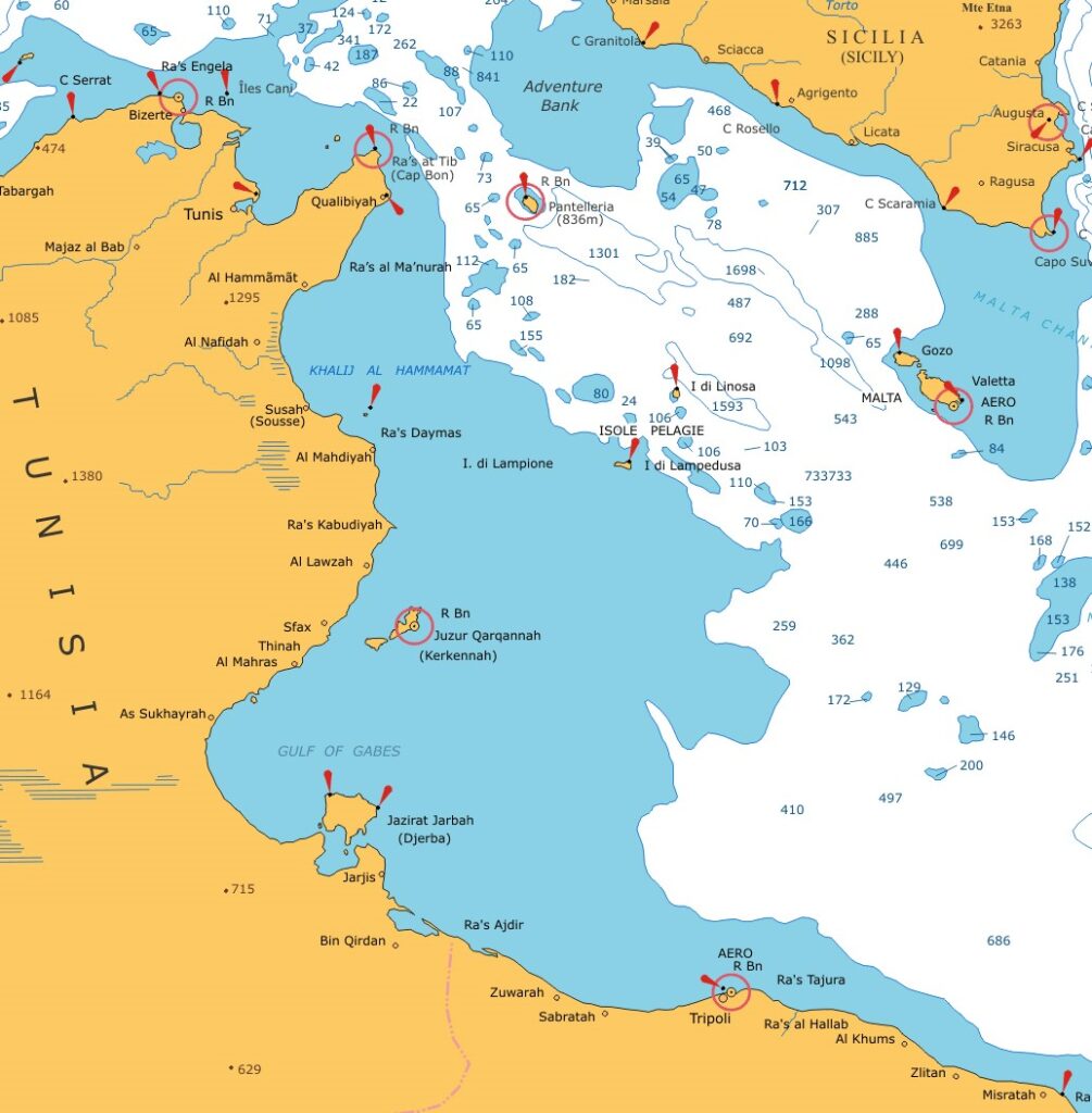 Detail of a modern U.S. nautical chart of the Mediterranean Sea, north and west of Tripoli. [National Geospatial Agency chart 310]