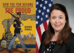 Book cover with soldier in uniform with a navy ship in background, and headshot of woman in suit with American flag in the background