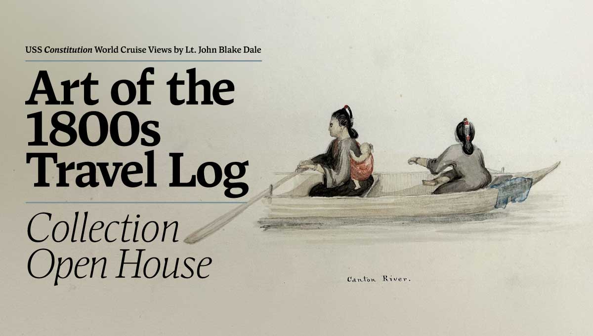 Multimedia drawing of two people rowing from 1800s asia, promoting a new collection preview and open house.