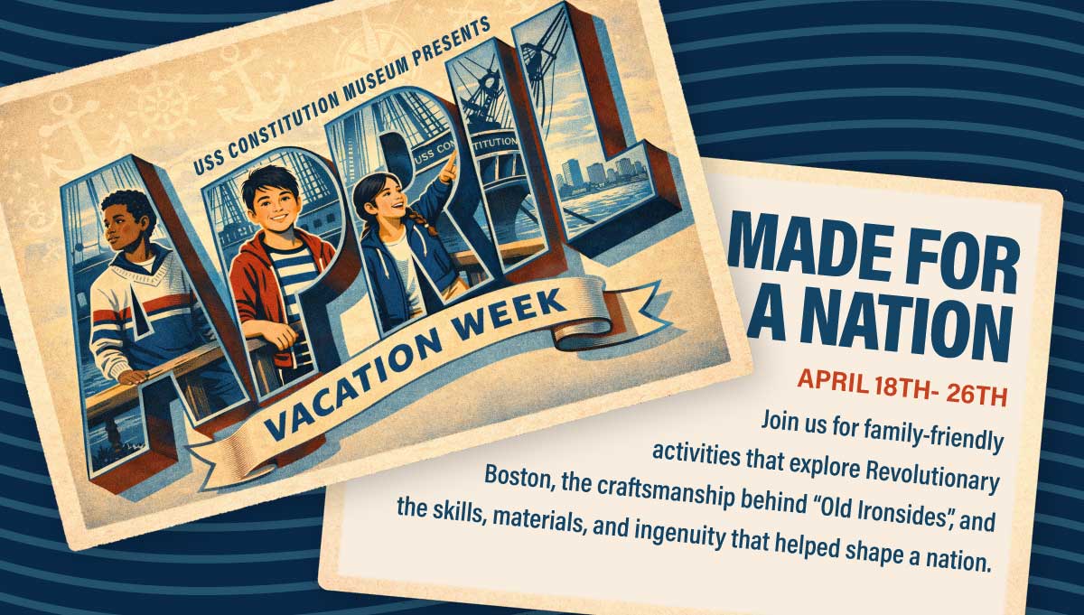 Graphic of front of vintage postcard that reads "April Vacation Week" and back with details about the event