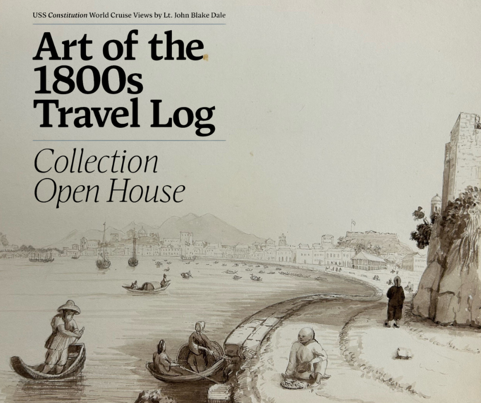 Image of artist sketch from 1800s macao coastline with people and boats