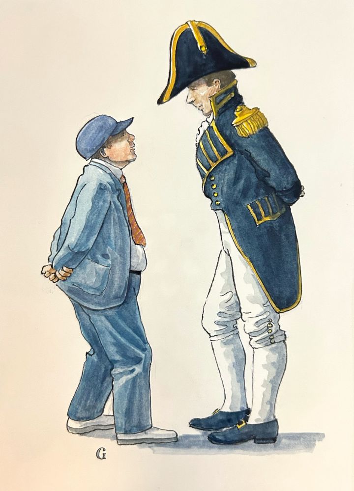A watercolor by artist William Gilkerson features Martin in his 1812 uniform, meeting a visitor to the ship in 1975. A watercolor by artist William Gilkerson features Martin in his 1812 uniform, meeting a visitor to the ship in 1975.