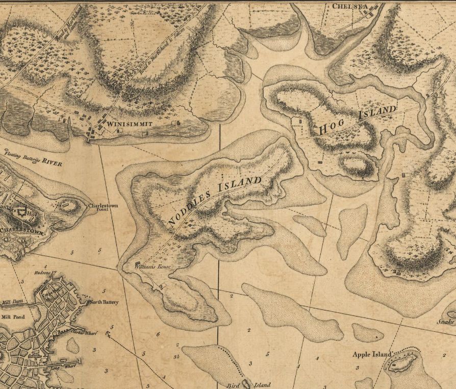 A 1778 map of Boston Harbor shows Noddle’s and Hog Islands, the surrounding mud flats, and Chelsea Creek, connecting the town of Chelsea north of the islands.