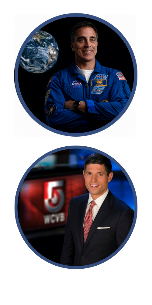 Two headshots of men - one in suit and tie, the other in a NASA Astronaut uniform